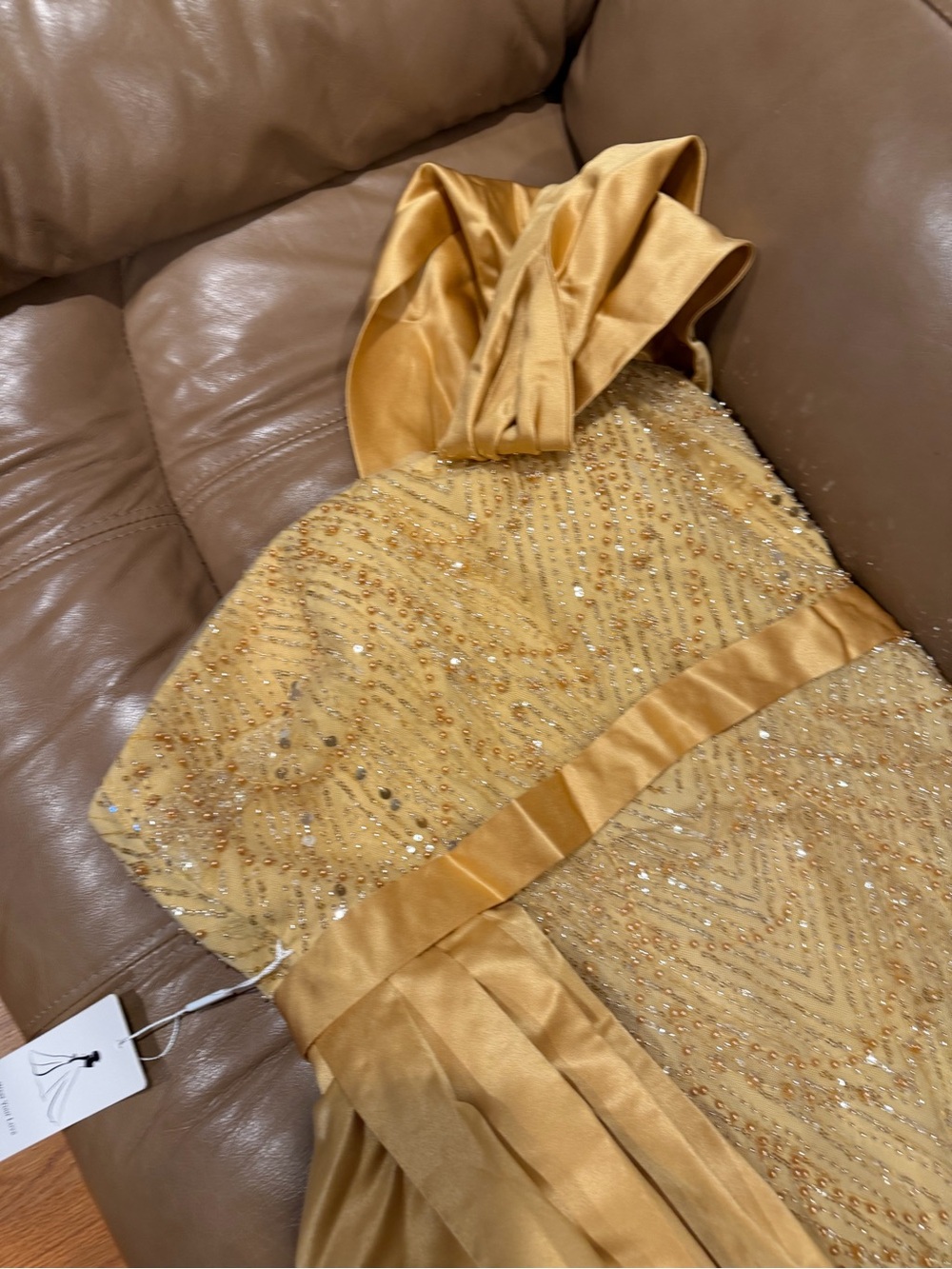 Gold Beaded Strapless Evening Gown with Satin Waistband